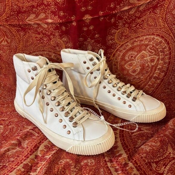 Diesel S-Mustave MC W White Leather High Top Sneakers Studded EUR 39 US 8.5